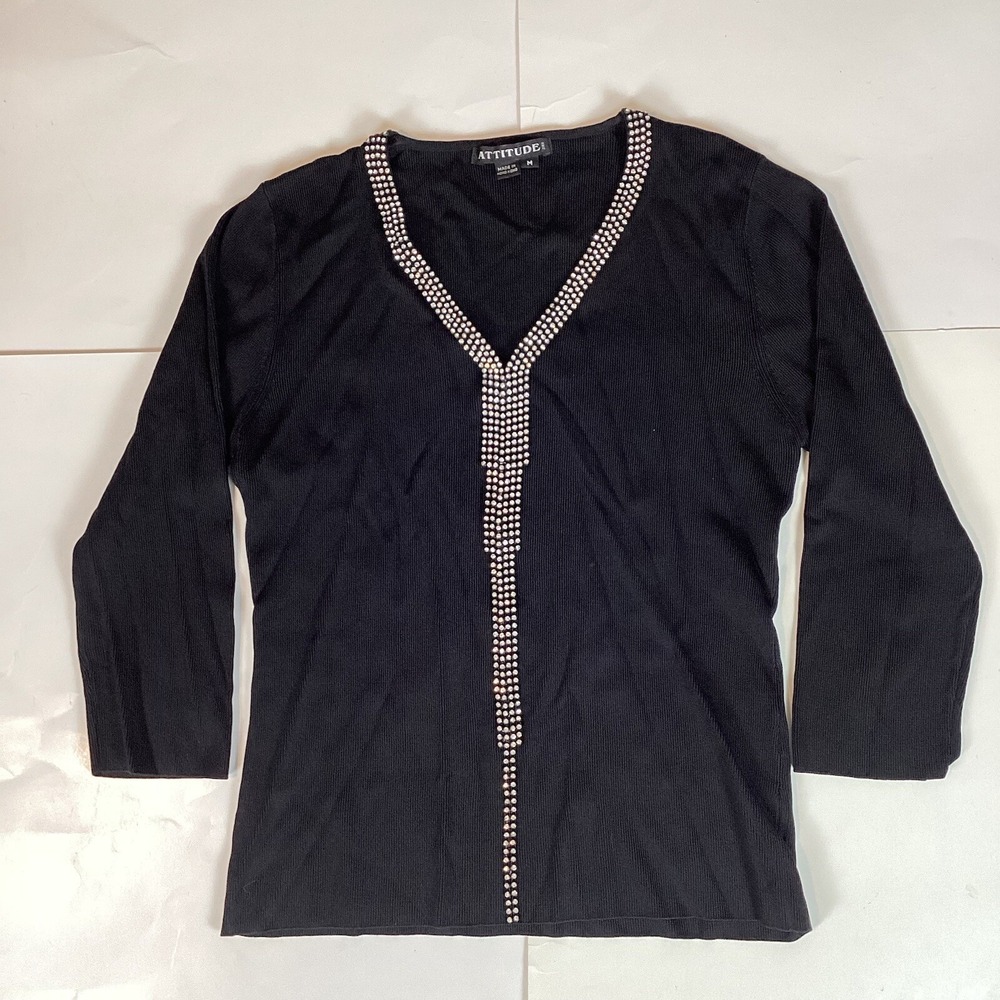 Attitude Womens Blouse Shirt Top Size M Medium 3/4 Sleeve Casual Comfort Soft